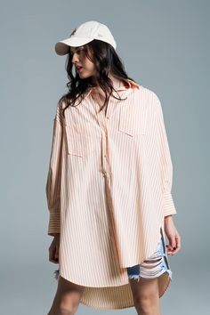 Q2 Light orange oversized blouse with white stripes Oversize Blouse, Blouse Collar, Tan Scarf, Stripe Blouse, Oversized Blouse, White Skirt, Oversized Silhouette, Light Orange, Polo Collar