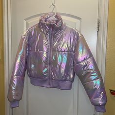 New Crop Style Puffer Jacket Purple Puffer Jacket For Fall, Trendy Purple Hooded Outerwear, Trendy Purple Outerwear, Trendy Iridescent Outerwear For Fall, Purple Hooded Outerwear For Spring, Iridescent Long Sleeve Outerwear For Spring, Trendy Iridescent Long Sleeve Outerwear, Spring Iridescent Long Sleeve Outerwear, Metallic Long Sleeve Winter Outerwear