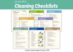 the printable cleaning checklist is shown in four different colors and sizes, including one for