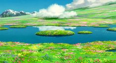 a painting of a lake surrounded by green grass and wildflowers with mountains in the background