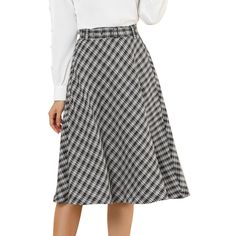 The elegant A-Line swing flare drape silhouette gives you reliable coziness all around the year. Updating your plaid collection with this belted tartan skirt that features a swing flare skirt hem. The chic check and comfortable fabric make this charming pleated skirt a young preppy favorite. Merging classic feminine and modern style, this plaid skirt with a removable belt perfectly shows your charming silhouette. Midi Skirts Style, Midi Skirt Black, Basic Blouses, Tartan Skirt, Tweed Fabric, Black Midi Skirt, Plaid Fashion, Chic Woman, Plaid Skirts