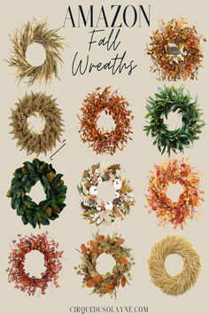 a bunch of wreaths that are all different colors and sizes, with the words amazon fall wreaths above them