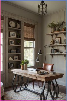 a room with a desk, bookshelf and window