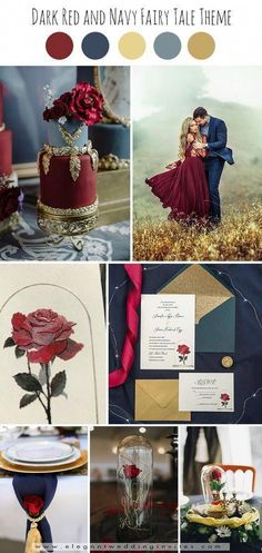 a collage of red and navy blue wedding color palettes with gold, silver, and burgundy accents