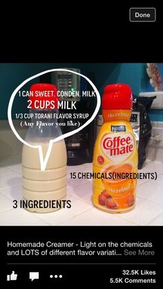 an image of coffee mate and 3 ingredients on the kitchen counter with speech bubble above it