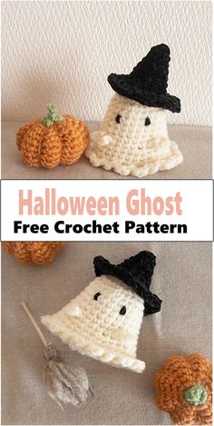 crocheted halloween ghost with pumpkins in the background and text overlay that says free crochet pattern