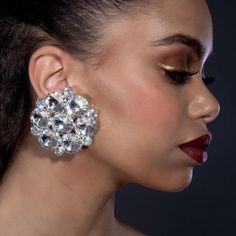 Whether you prefer clip-on or pierced, we've got you covered. These dramatic earrings are the perfect accessory for any occasion - composed using a mix of crystals to build the 55mm large design, you wont go unnoticed in this statement pair.  *Premium crystal, ultra sparkle, maximum impact! *Total size measures 55mm *Silver Plate *Weighs 23g per earring *Clip on or Pierced option available, select at cart when purchasing. Each pair include our branded Staged Jewels drawstring bag to keep these i Dramatic Dress, Dress Earrings, Crystal Cluster Earrings, Dramatic Earrings, Large Stud Earrings, Heavy Earrings, Wales Uk, Fancy Earrings, Womens Earrings Studs