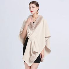 Rabbit Fur Collar Half Sleeve Poncho Women Loose Knit Cape Cardigan CoatHigh quality fashion elegant cape shawl coatHigh-grade faux rabbit fur collar and artificial wool, feels the same to the touch as the real thingOne Size:Oversize Relaxed style, suitable for allUnrestricted bust, length is 83cm Winter Poncho, Cape Shawl, Faux Fur Wrap, Poncho Crochet, Knitted Cape, Poncho Style, Beige Cardigan, Cape Coat, Poncho Cape