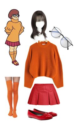 an orange sweater and red skirt are on display with glasses, socks, and shoes