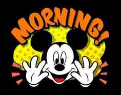 a mickey mouse face with the word morning on it's chest and hands in front of his face