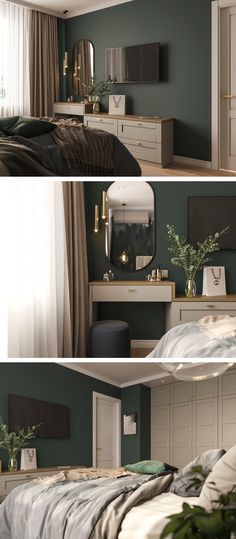 two pictures of a bedroom with green walls and white furniture