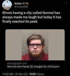 a man with glasses and a beard is looking at the camera while text reads, illinois having a city called normal has always made me laugh but today it's finally reached its peak