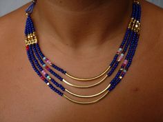 Make a statement with this  four layered multi strand blue bead necklace with blue gold plated brass pieces. Collar Rosa, Beaded Necklace Patterns, Beaded Earrings Diy, Beaded Necklace Diy, Basic Jewelry, Necklace Patterns, Long Beaded Necklace, Bracelet Crafts, Multi Strand Necklace