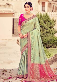 Silk Saree with blouse in Pista green colour 102 Desc: Color : Pista Green Fabric : Silk Work : Embroidery Wash Care : Dry clean Sleeve Style : Half Sleeve Long Sleeves : Done only in Custom Stitch Sleeves Lining : Done only in Custom Stitch Bust Size : 32 to 42 Inches Occasion : Temple Wear Social Gathering Pongal Lohri Gudi Padwa Onam. With Express Free Shipping Buy Indian Party wedding wear Bridal Sarees Silk Saree with blouse in Pista green colour 102 online in USA, UK and Canada from KollyB Olive Green Saree, Pista Colour, Red Sequin Saree, Light Green Blouse, Pista Green Colour, Pista Green, Saree Jewellery, Sea Green Color, Raw Silk Saree