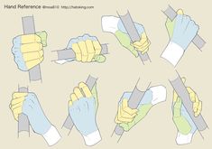 the hands are holding different types of gloves on each hand and pointing them at something