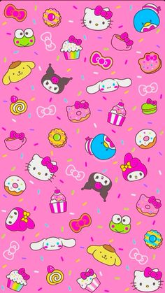 a pink background with hello kitty and donuts on it