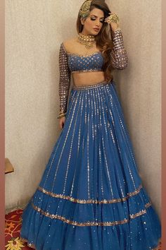 Modern Lehenga, Dull Blue, Lehenga With Blouse, Chaniya Choli Designs, Mirror Border, Net Blouse, Latest Bridal Lehenga