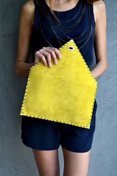 "Soft Symmetria Clutch in yellow. The perfect bag for all occasions! Ideal for cocktail and parties or for business meetings depending the size you choose. You can use it as a chic briefcase for your work or as a modern large clutch for a night out. This adorable large clutch is handmade out of a genuine, lux Italian yellow suede leather. -Small size fits all your essentials, wallet, keys, mobile, cosmetics etc. -Large size fits a 15\" laptop, ipad, portofolio etc and it's perfect as a file fold Yellow Leather Bag, Yellow Envelope, Yellow Handbag, Large Clutch, Envelope Clutch, Yellow Leather, Perfect Bag, Leather Purse, Leather Clutch