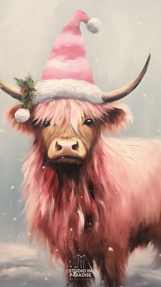 a painting of a yak wearing a santa claus hat and snow falling on it