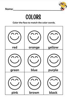 worksheet for color words with smiley faces and the word's colors on them