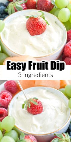 Bowl of cream cheese dip with a strawberry. Fruit Dip Recipe, Easy Fruit Dip, Cream Cheese Fruit Dip, Fruit Dips, Dips Recipes, Fruit Dips Recipes, Sweet Dips, Dip Recipes Easy, Appetizers Recipes