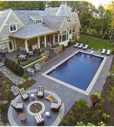 an aerial view of a backyard with a swimming pool