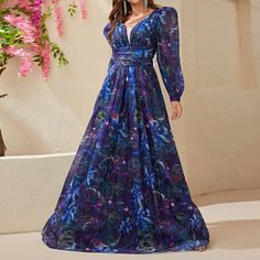 Make a graceful statement at your holiday festivities with our Dark Blue Chiffon Maxi Holiday Dress—a perfect blend of elegance and style. This dress features a chiffon fabric, long sleeves, a V-neck, puff sleeve detailing, and a maxi length, creating a breathtaking ensemble that exudes modern grace.Crafted with meticulous attention to detail, this maxi dress ensures you stand out with charm and style. The dark blue hue adds a touch of sophistication, making it an ideal choice for festive occasions where you want to make a statement.The chiffon fabric enhances the dress's overall elegance, ensuring comfort and a luxurious look. The long sleeves and puff sleeve detailing add a hint of romance and drama, making it a versatile choice for various special occasions.Designed for women who apprec Chifon Dress, Holiday Maxi Dress, Boda Mexicana, Blue Gown, Dress Chiffon, Chiffon Long Sleeve, Chiffon Maxi, Chiffon Maxi Dress, Holiday Dress