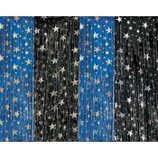 four different colors of stars on black, white and blue foiled paper with fringes