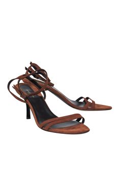 Current Boutique-Donna Karan - Camel Suede Strappy Pumps Sz 10 Brown Suede Sandals With Wrapped Heel, Evening Suede Brown Sandals, Formal Brown Suede Sandals, Brown Suede Sandals For Fall, Strappy Suede Heels, Chic Brown Suede Heels, Brown Suede Lined Heels For Spring, Brown Suede-lined Heels For Spring, Fall Suede Sandals