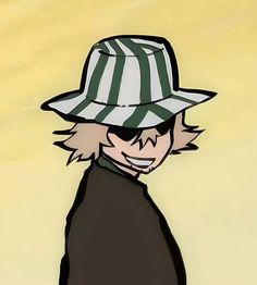 a drawing of a person wearing a hat and black coat with white stripes on it