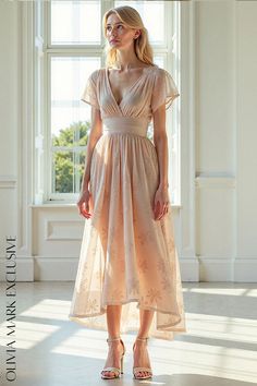 Olivia Mark - Elegant Blush Pink Floral Midi Dress with Flutter Sleeves and Wrap Waist Pink Floral Midi Dress, Dress With Flutter Sleeves, Embellished Belt, Flowing Skirt, Inner Beauty, Flutter Sleeves, Floral Midi Dress, Cinched Waist, Olivia Mark