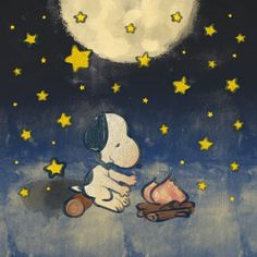 a painting of a dog holding a hot dog in front of the moon and stars