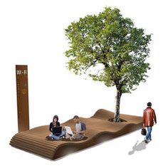 three people sitting under a tree on top of a wooden platform that is shaped like an island