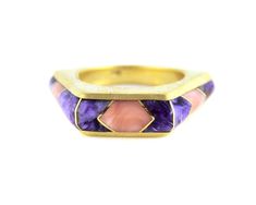 A modern classic by Ben Nighthorse. The Pentagon Ring is inlaid with Charoite and Pink Coral. Set in 18kt yellow gold. Size 9. Special orders available. Unique Yellow Gold Enamel Ring For Formal Occasions, Gold Enamel Ring With Inlay, Elegant Enamel Ring With Inlay, Elegant Gold Rings With Inlay, Yellow Gold Rings With Inlay, Luxury Opal Open Ring, Luxury Inlay Rings For Anniversary, Formal Rings With Inlay, Yellow Gold Rings With Inlay For Gift