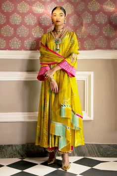 Shop for Rajiramniq Yellow Floral Print Panelled Kurta Set for Women Online at Aza Fashions Rajiramniq Suit, Diwali Shoot, Tissue Dupatta, Indian Closet, Yellow Kurta, Kurta Patterns, Traditional Attires, Pakistani Suit, Lime Yellow