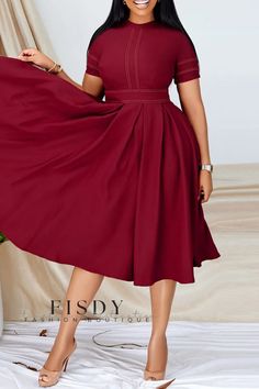 Fisdy - Vestido de manga corta con cuello en O y patchwork en color burdeos - Elegante y versátil prenda informal Outfit Curvy, Corporate Dress, Purple And Gold Dress, Church Outfit, Dress Sleeve Styles, Red Dress Short, African Print Fashion Dresses, Elegant Dresses For Women, African Print Fashion