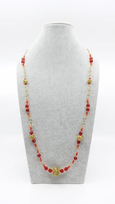 Handmade long glass beads necklace with dragon ball and phoenix. Wonderful Asian touch to you cocktail dress. Lovely gift for an Asian wedding. ⚜ Item Specifics❀ 92 Red Glass Crystal Beads ❀ 14K Solid Gold Plated Brass Chain❀ Gold Plated Antique Style Dragon Ball and Flower Ball❀ Handmade in Australia ❀ Length: 41 in. ( 104cm) Red Beaded Chain Necklace For Wedding, Elegant Red Necklace With Gold Beads, Elegant Red Long Beaded Necklace, Elegant Long Red Beaded Necklace, Spiritual Red Beaded Necklaces With Gold Beads, Red Beaded Necklaces For Celebration, Spiritual Red Beaded Necklace With Gold Beads, Elegant Orange Beaded Chain, Formal Red Faceted Beaded Necklaces