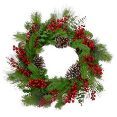 a christmas wreath with pine cones and red berries