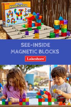 two children playing with magnetic blocks in front of a table full of toys and the title see - inside magnetic blocks lakeshore