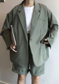 $49.90 - Beautiful green khaki two piece formal suit blazer and shorts loose fitted. For women and ladies. Green Long Coat Blazer For Workwear, Chic Green Blazer With Pockets, Spring Notch Lapel Single Breasted Skirt Suit, Spring Single-breasted Skirt Suit With Notch Lapel, Casual Fall Skirt Suit For Work, Spring Skirt Suit With Notch Lapel For Office Wear, Spring Notch Lapel Skirt Suit For Office, Chic Skirt Suit For Spring Office Wear, Tailored Fall Skirt Suit With Pockets