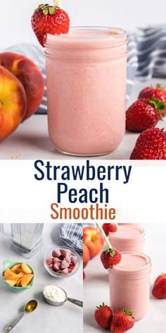 strawberry peach smoothie in a mason jar with strawberries on the side