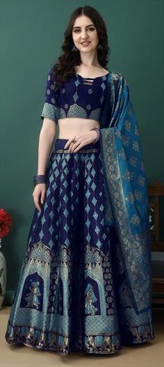 Blue color Lehenga in Jacquard fabric with Weaving, Zari work Blue Art Silk Choli With Zari Weaving, Blue Zari Weaving Traditional Party Wear, Blue Art Silk Choli With Self Design, Blue Traditional Wear With Zari Weaving For Party, Blue Art Silk Self Design Choli, Blue Self Design Art Silk Choli, Blue Choli With Zari Weaving For Eid, Blue Zari Weaving Choli For Eid, Blue Choli With Motifs For Eid