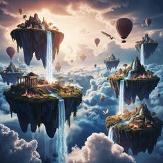 three floating islands in the sky with hot air balloons flying over them and waterfalls