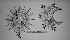 two drawings of the moon and sun with flowers on them, one is black and white