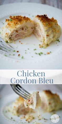 chicken cordon bleu on a white plate with a fork