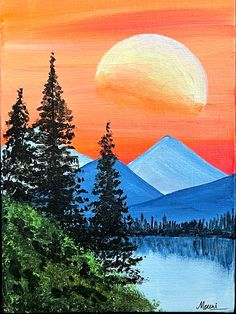 an acrylic painting of the sun setting over a mountain lake with pine trees