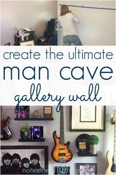 the ultimate man cave gallery wall is filled with pictures and memorabilia, including an electric guitar