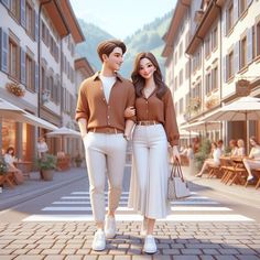 two people are standing in the middle of a street with buildings and tables behind them