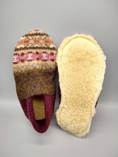 Women's size 6. These slippers have a beautiful design on the top, they are made from felted wool sweaters and the soles are shearling with the fur facing the foot. So warm, soft and cozy, you won't want to take them off! Perfect present for someone you love, or you can just treat yourself. Sweater Slippers, Felted Wool, Wool Sweater, Wool Sweaters, Womens Slippers, Wool Felt, Beautiful Design, Winter Hats, Slippers