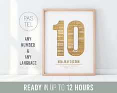 an image of a framed poster with the number ten in gold on it, next to a white wall